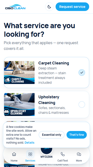Screenshot: Tap the service you need